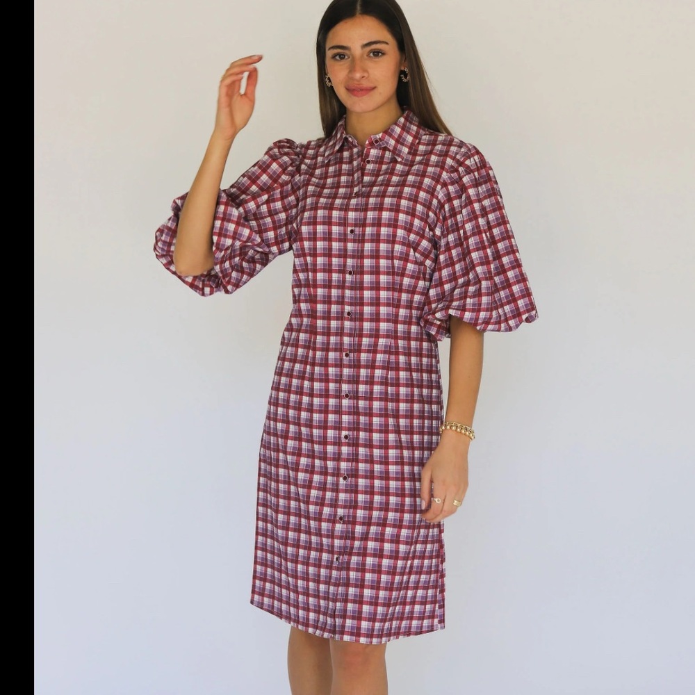 NWT By Tess Pink Purple Plaid Puff Sleeve Button Down Dress Size M